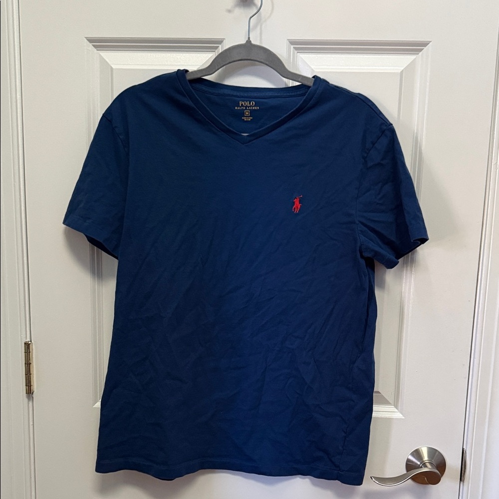 Polo by Ralph Lauren Men's Blue Tee with Red Emblem